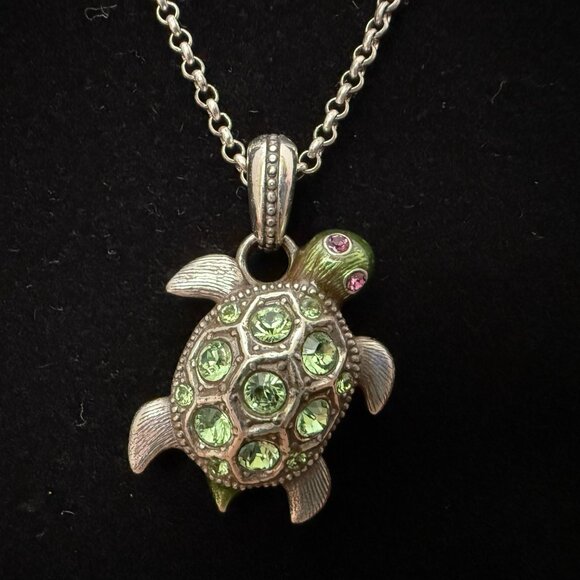 RARE Brighton Turtle Pendant Necklace Green Crystals Silver Plated Chain Adjust. - Picture 8 of 11